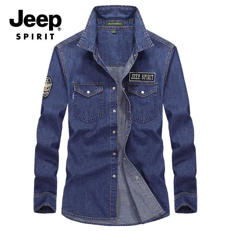 JEEP SPIRIT брендовая джинсовая рубашка мужская Осенняя рубашка с длинными рукавами и отложным воротником мужская рубашка из хлопка однобортная джинсовая рубашка мужская