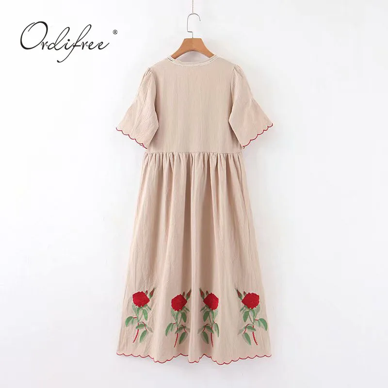 Ordifree летнее Boho женское Макси платье с коротким рукавом повседневное свободное винтажное цветочное длинное платье с вышивкой праздничная одежда