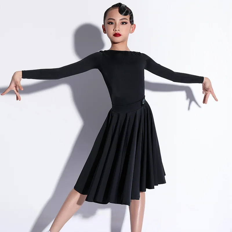 

Ballroom Long Sleeve Latin Dance Top Bodysuit Short Skirt 2pcs Set for Little Girl/Children Dancers ,Costume Performance Wears