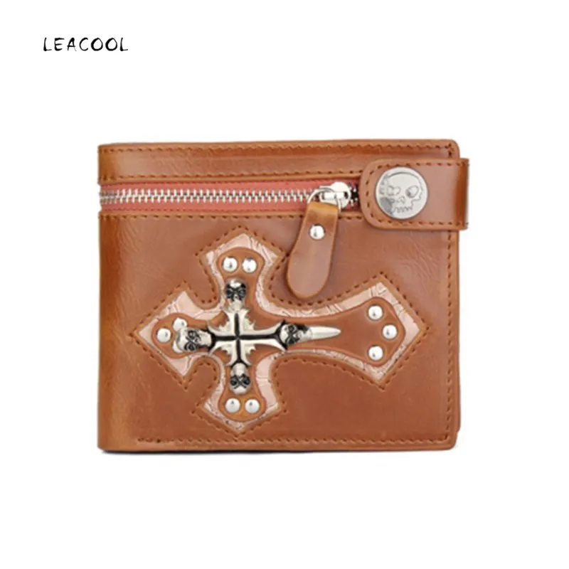 Brown Men Vintage Short Purse Boys Goth Skull Head Cross Black Genuine Leather Biker Punk Snap Zipper Wallet with Long Key Chain |
