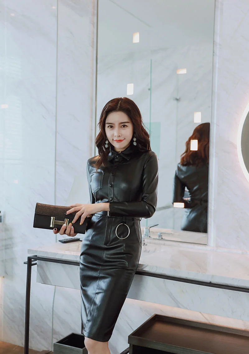 Woman Dress Summer Autumn PU Leather Skirt Long Sleeve Doll Collar Leather  Dress | eBay