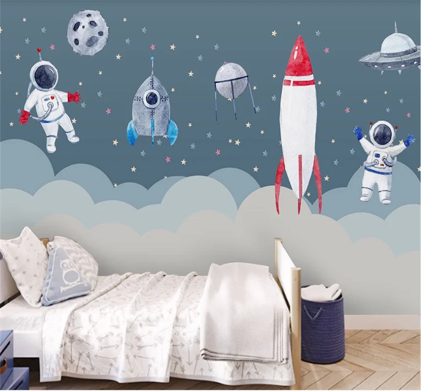 

Nordic minimalist hand-painted space rocket children's room bedroom cartoon mural custom 3D/5D/8D wallpaper