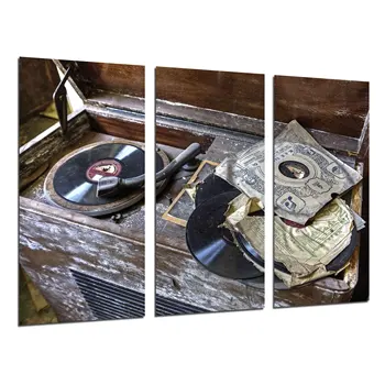 

Vintage record player, Vinyl Records, Music, photo print on wood, modern picture decorative 26460