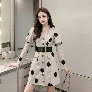 

New fashion polka dot waist A-line dress female autumn and winter temperament long sleeve tide