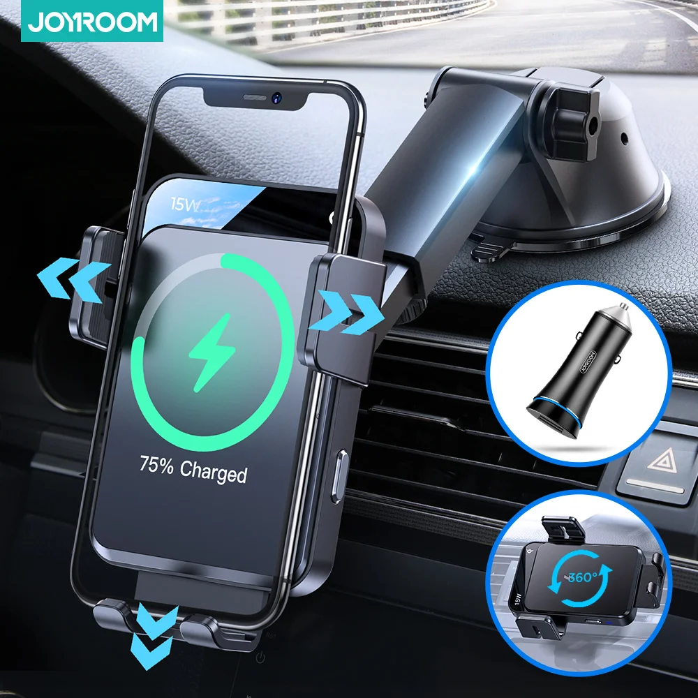 Joyroom 15W Qi Phone Holder Car Stand Electric Locking Stable Car Phone Holder Wireless Charger Vent Dashboard Mount Phone Stand
