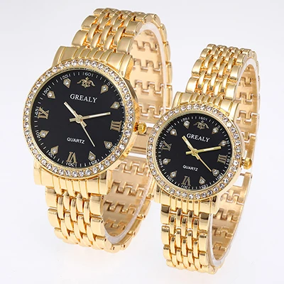 gold color Наручные часы для влюбленных, модные часы со стразами, циферблат, сплав, ремешок, часы для женщин, мужчин, деловые часы, toop, горячая Распродажа - Цвет: gold color