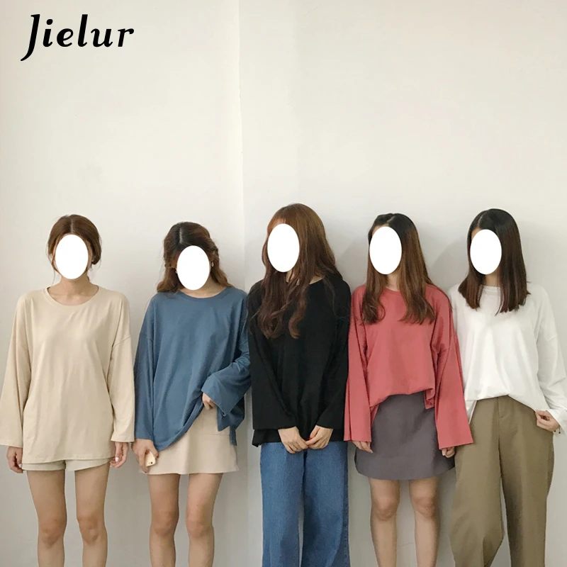 Jielur футболка 7 однотонных цветов Harajuku женская с расклешенными рукавами базовый