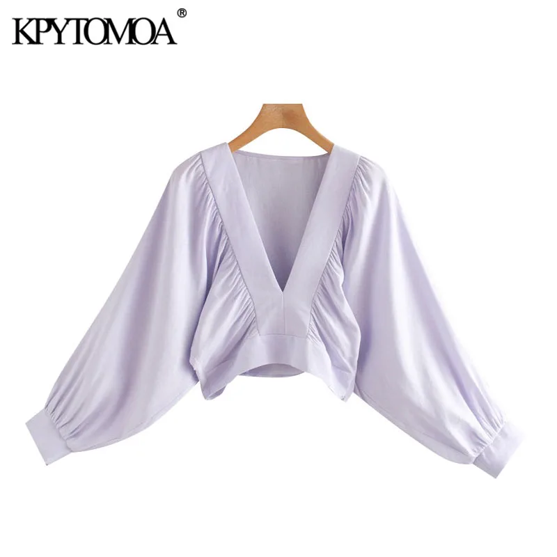 KPYTOMOA Women 2020 Fashion Pleated Linen Cropped Blouses Vintage Lantern Sleeve Side Zipper Female Shirts Chic Tops KPYTOMOA Women 2020 Fashion Pleated Linen Cropped Blouses Vintage Lantern Sleeve Side Zipper Female Shirts Chic Tops