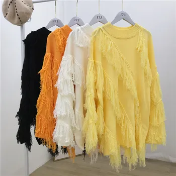 

New Autumn Winter All-match Irregular Medium-long Female Sweaters Solid Color Tassel O Neck Pullovers Top Knitting Sweater