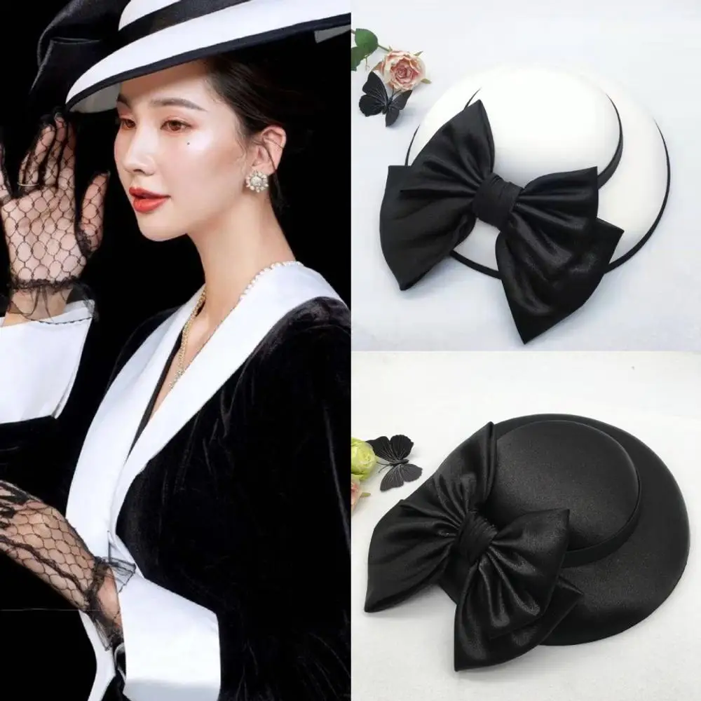 

New Retro Big Bow Satin Fedora Hats Women Church Fascinator For Wedding Hat Cocktail hair Accessories