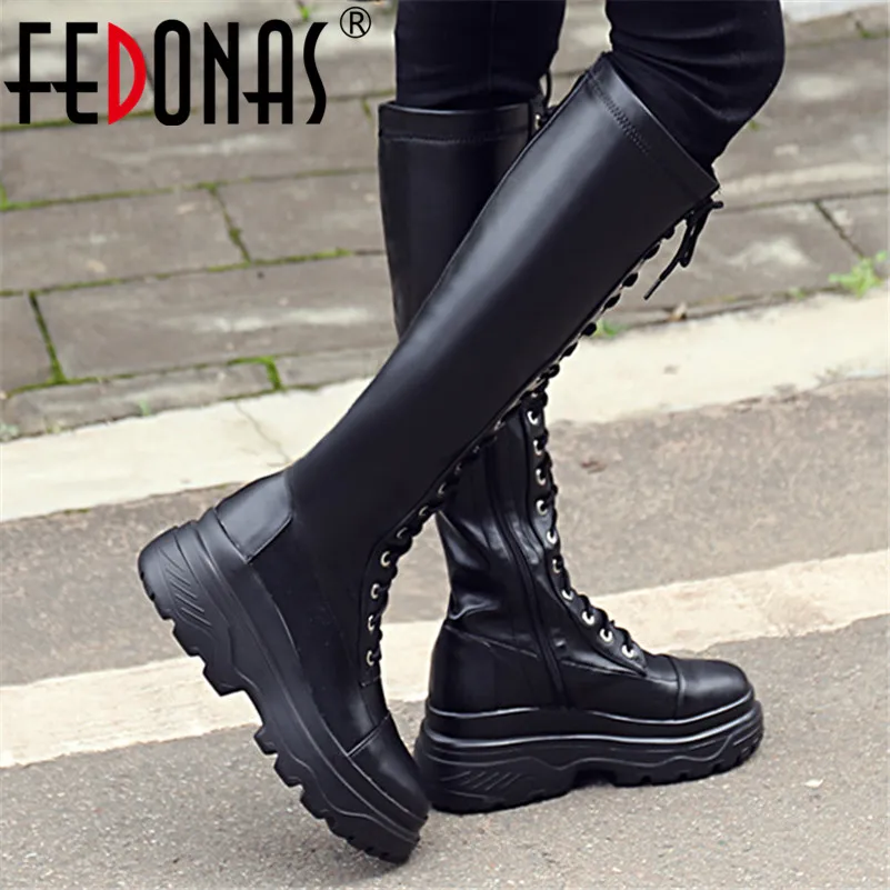 

FEDONAS Women Night Club Knee High Boots Genuine Leather Punk Female Motorcycle Boots Warm Autumn Winter High Heeled Shoes Woman