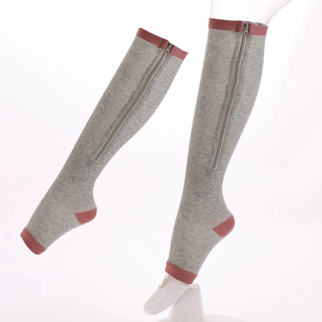 Compression Zip Up Socks Open-Toe Zipper Leg Support Knee Stocking Gray