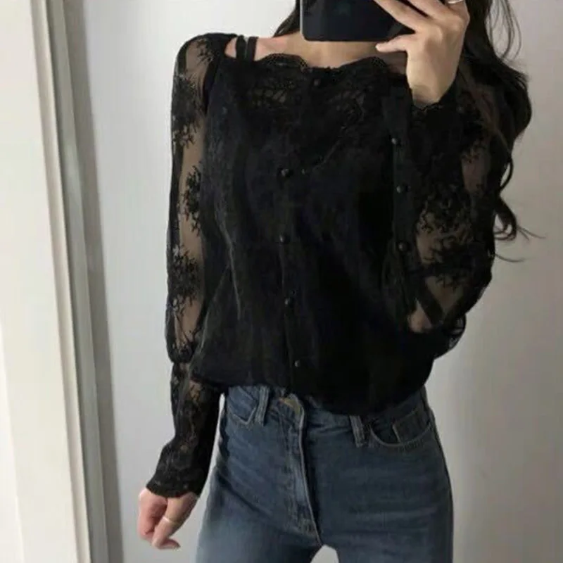  2019 Stylish Women's Summer Blouse Elegant Floral Lace Tops Off Shoulder Blusas Female Long Sleeve 