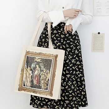 

Vintage Canvas Tote Bags Foldable Grocery Market Oil Painting Canvas Large Capacity Recyclable Bag Simple Design Healthy Bags