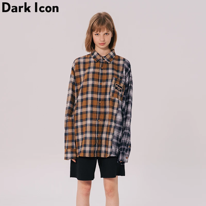 Plaid Patchwork Oversized Shirts Front Pocket Women Hip Hop Long Sleeve Women’s Yellow/Green |