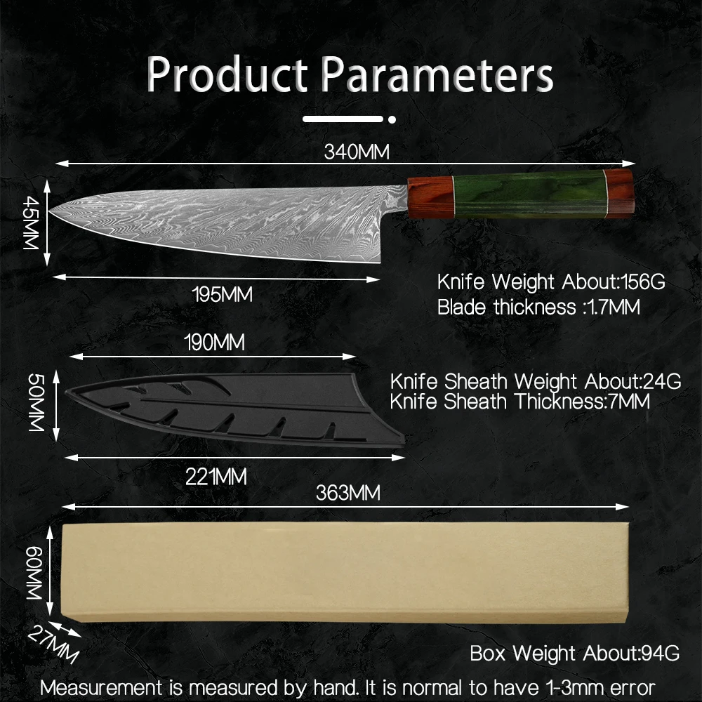 大马士革八角彩木柄方头8寸千羽纹厨师刀详情页_11