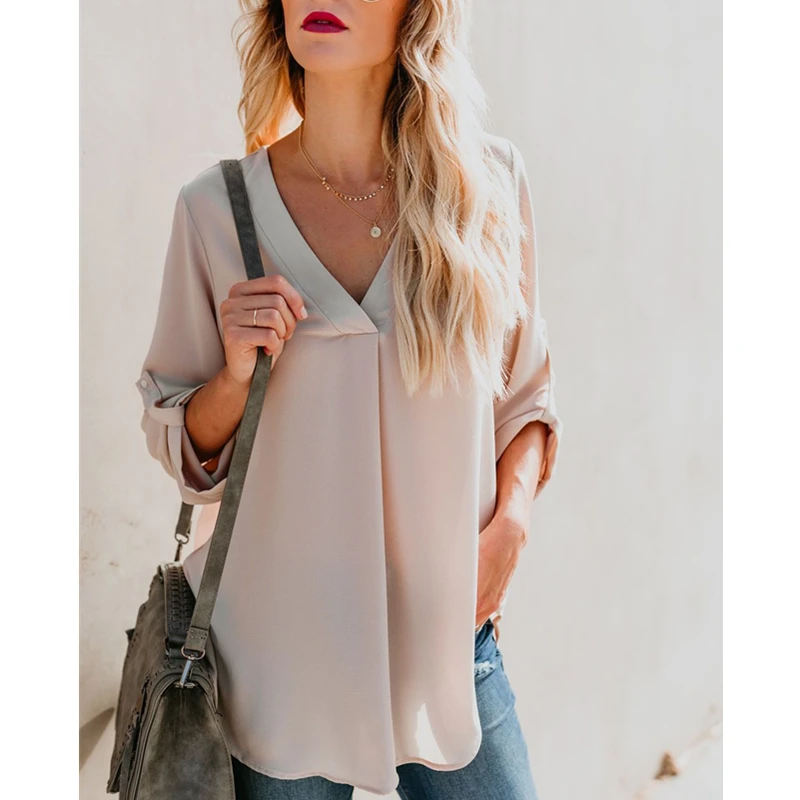 Deep V Long Sleeve Top Women's Solid Color Shirt In Autumn and Winter 2019 White Apricot Burgundy Green Women Blouse | Женская