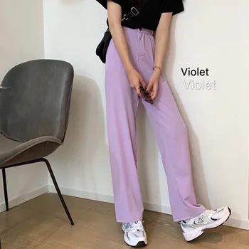 

Spring Summer 2020 Women Violet Purple Pants Thin Suit Straight Pants High Waist Casual Wide Leg Pants Loose Lilac Trousers