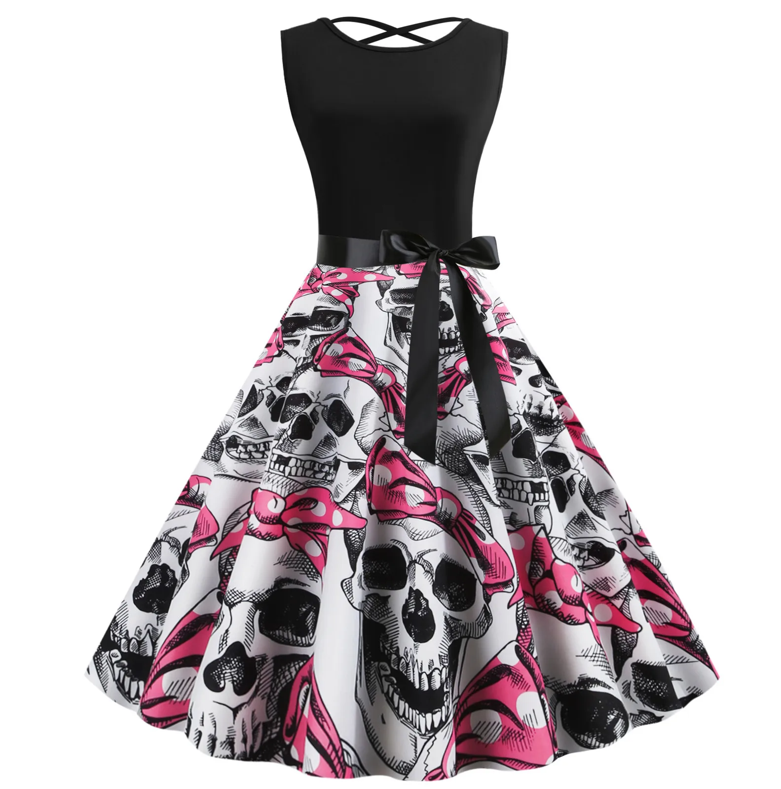 Women's Halloween festival costumes Digital Skull Printed Waist Sleeveless Stitching slim dress O-neck backless party Vestido 2