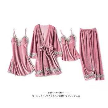 

Fashion Velvet 4 Pieces Warm Winter Pajamas Sets Women Sexy Lace Robe Pajamas Sleepwear Kit Sleeveless Nightwear