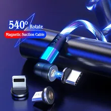 540 gire o diodo emissor de luz que flui o cabo magnético micro usb/tipo c/8 pinos para o iphone xiaomi redmi huawei cabo de dados de carregamento rápido do telefone móvel