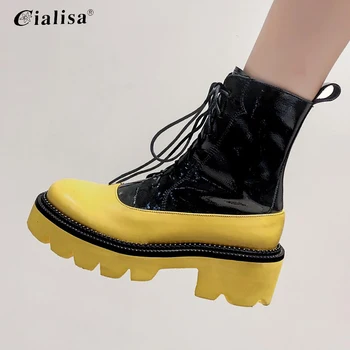 

CIALISA Ankle Boot Round Toe Lace Up Autumn Winter Yellow Patchwork Chunky Heel Boot Motorcycle Fashion New Design Women Shoes