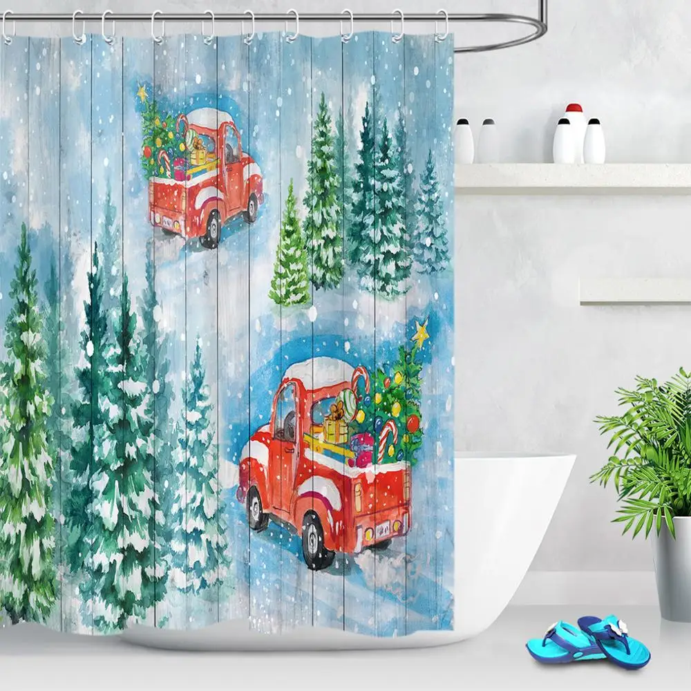 Christmas Shower Curtain With Hooks Fir Tree Snowflake Vintage Red Truck Bath Curtains For Bathroom Decoration Non-slip Carpet