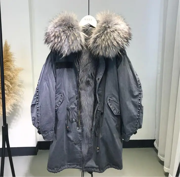 Long Gray Новая зимняя модная женская длинная армейская парка с натуральным мехом негабаритное пальто с капюшоном куртка с заклепкой свободная одежда - Цвет: Long Gray