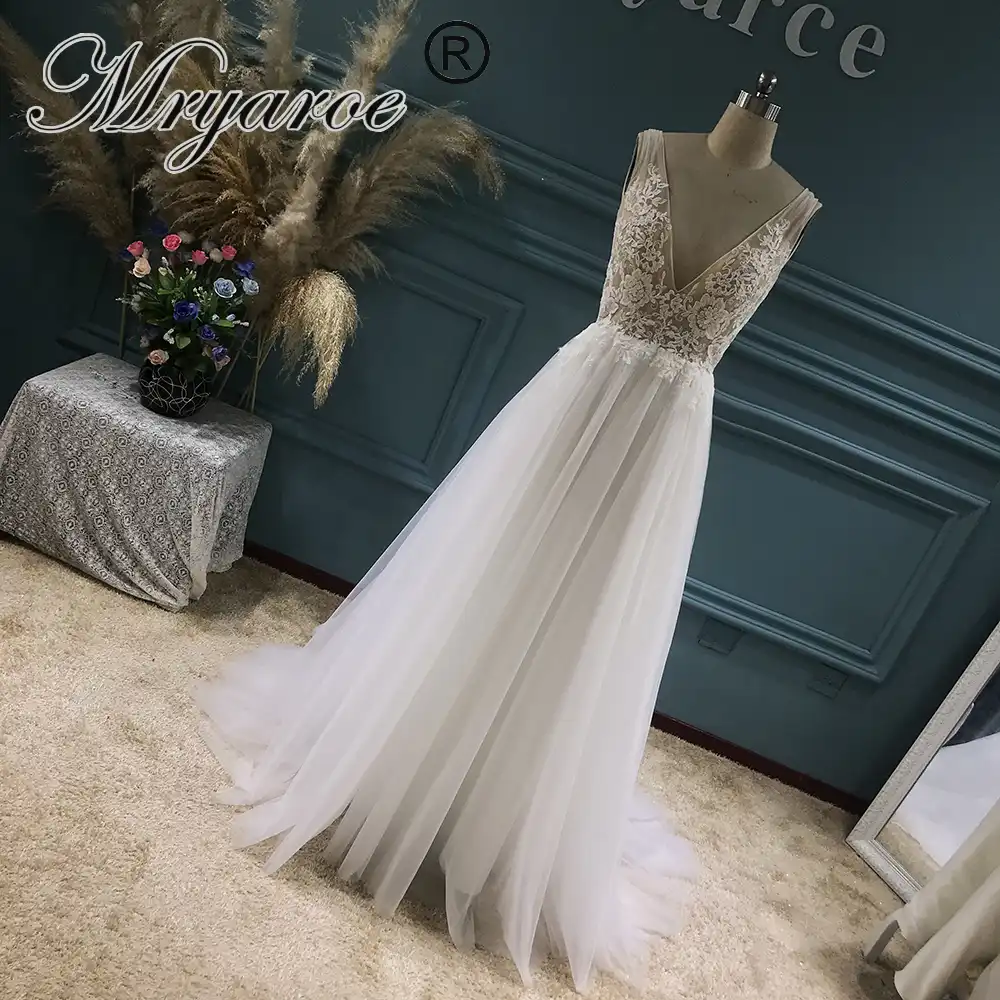 Mryarce Vネックノースリーブレースのアップリケのウェディングドレスaラインのウェディングドレス Wedding Dresses Aliexpress