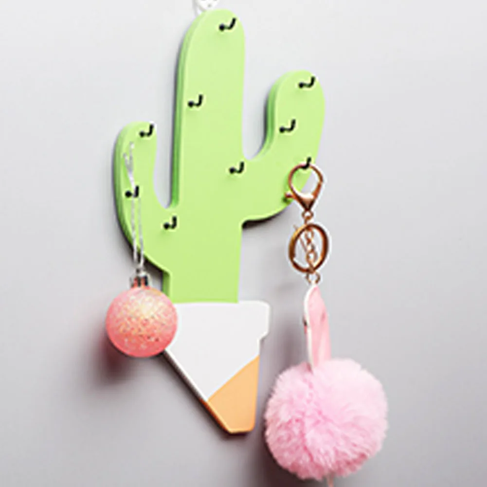 Hallway Organizer Bedroom Key Hook Rack Art Wall Hanging Nordic Style Storage Holder Wooden Cactus Durable Home Decor Office