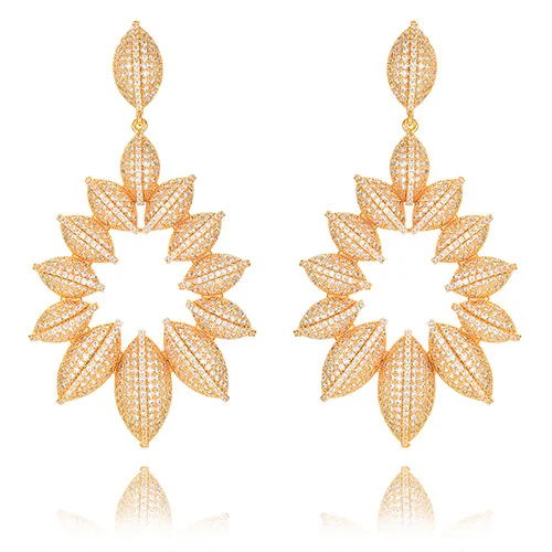 Luxury African Dubai Big Flower Dangle Earrings For Women Wedding Cubic Zircon CZ Indian Bridal Earrings серьги женские - Окраска металла: G