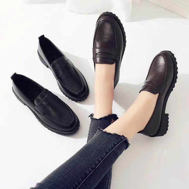 

2019 Autumn British Style Low Heel Loafers College Style Small Leather Shoes Chunky-Heel Low-Cut Retro WOMEN'S Shoes