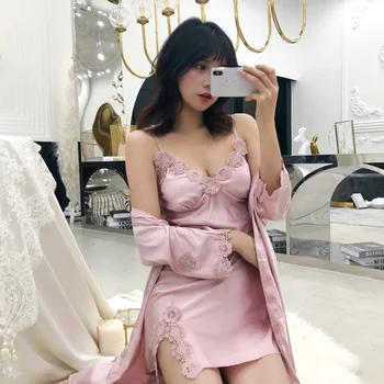 

Pajamas women's summer sexy suspender nightgown two-piece set with chest pad gathered pajamas lace sexy nightgown Ice Silk
