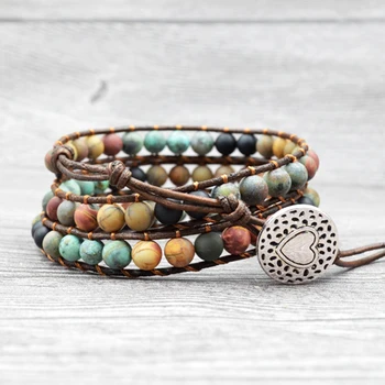 

Women Bohemian Boho Bracelets Vintage Leather and Natural Stone 3 Multi-layer Strands Woven Handmade Wrap Bracelets Heart Charm
