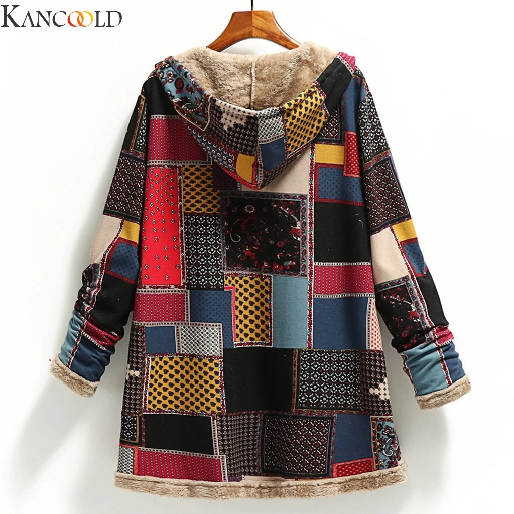 KANCOOLD, Женское пальто с принтом, зимнее, теплое, винтажное, с карманами, негабаритное, с капюшоном, пальто, женская, пэчворк, верхняя одежда, флисовая куртка, 5XL