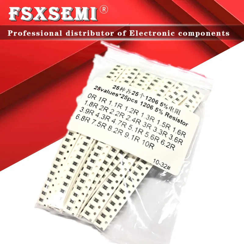 25valuesX25pcs=625pcs 1206 SMD Resistor Kit (0R~10R) 5% 100% NEW AND ORIGINAL Chip Resistance Assorted Set