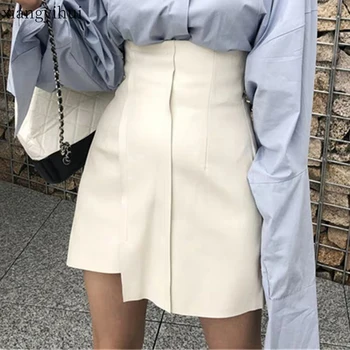 2020 New Summer Women's Leather Skirt Pu Leather Black White High Waist Short Asymmetric Skirt Woman Mini Skirts Female Clothes 1