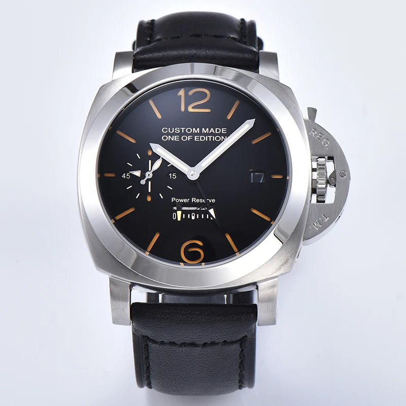 

Watch Men Automatic Mechanical 44mm GMT 316L stainless steel Case Leather Strap Power Reserve Luminous Waterproof