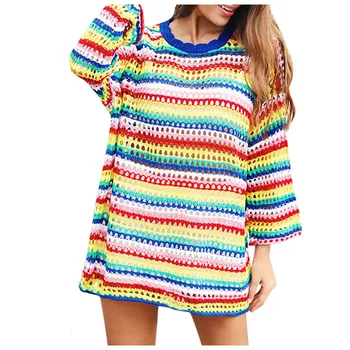 

Trui Multicolor Rainbow Loose Women Winter Used crocheted sweaters Trui Uitloper 2019 moletom feminino inverno z0814