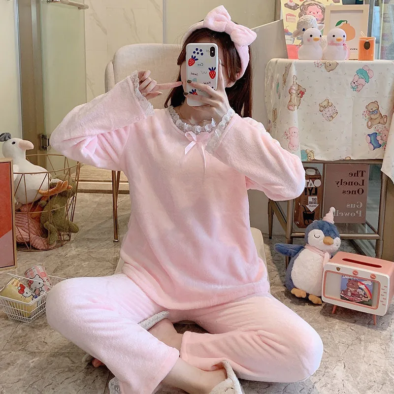 

Foply Winter Flannel Women Pajamas Set 2 Pieces Long Sleeves Tops+Pants Loose Female Homewear Thicken Warm Soft Flannel Pyjamas