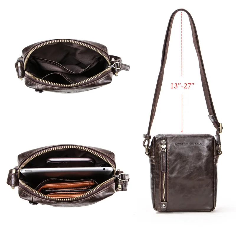 Beste CONTACT S Lederen mannen schoudertas met grote Zip pocket voor 7.9 inch laptop reizen vintage stijl mannelijke massage zak zachte