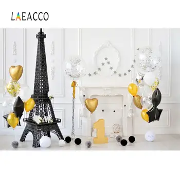 

Laeacco Vinyl Backdrop Photography Gray Chic Wall Happy Baby's 1st Birthday Party Balloon Floral Portrait Photo Background Photo