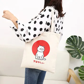 

Fashion Women Handbag Canvas Printing Cute Cat Shoulder Bags Large Capacity Shopping Bag Bolsos Mujer De Marca Famosa 2020