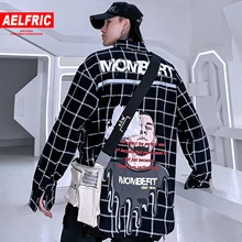 AELFRIC курить печатных Pilaid мужские рубашки Harajuku Осень Мода хип хоп Уличная негабаритная Повседневная хлопковая верхняя одежда