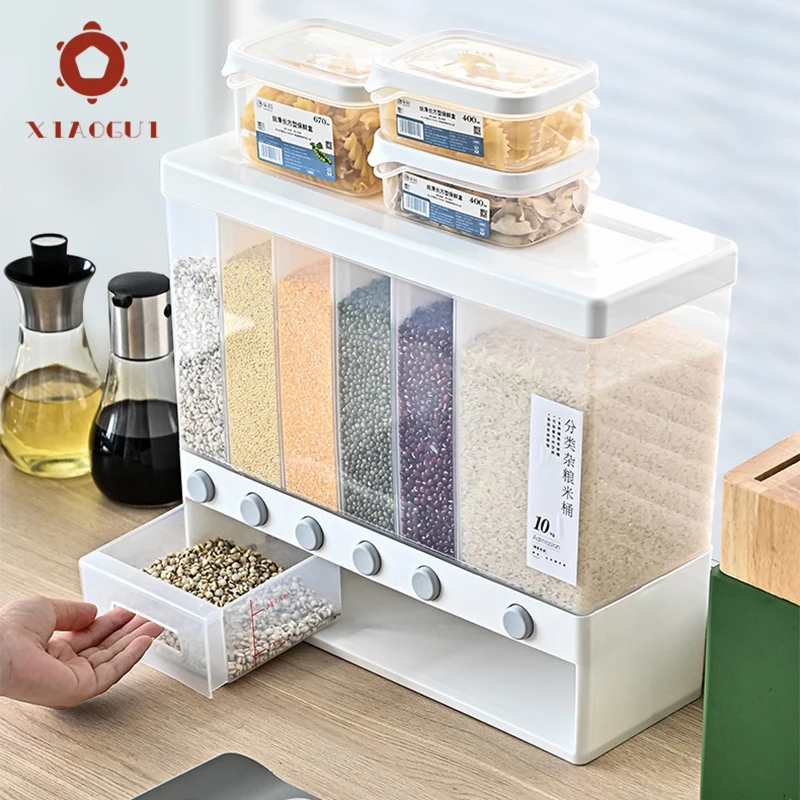 XiaoGui-cubo de arroz separado para cocina, cubo sellado de plástico japonés montado en la pared, tanque de almacenamiento de granos