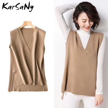 

Long V Neck Vest Sweater Women Sleeveless Pullover 2020 Spring Autumn Black Sleeveless Long V Neck Knitted Sweater Women Tank