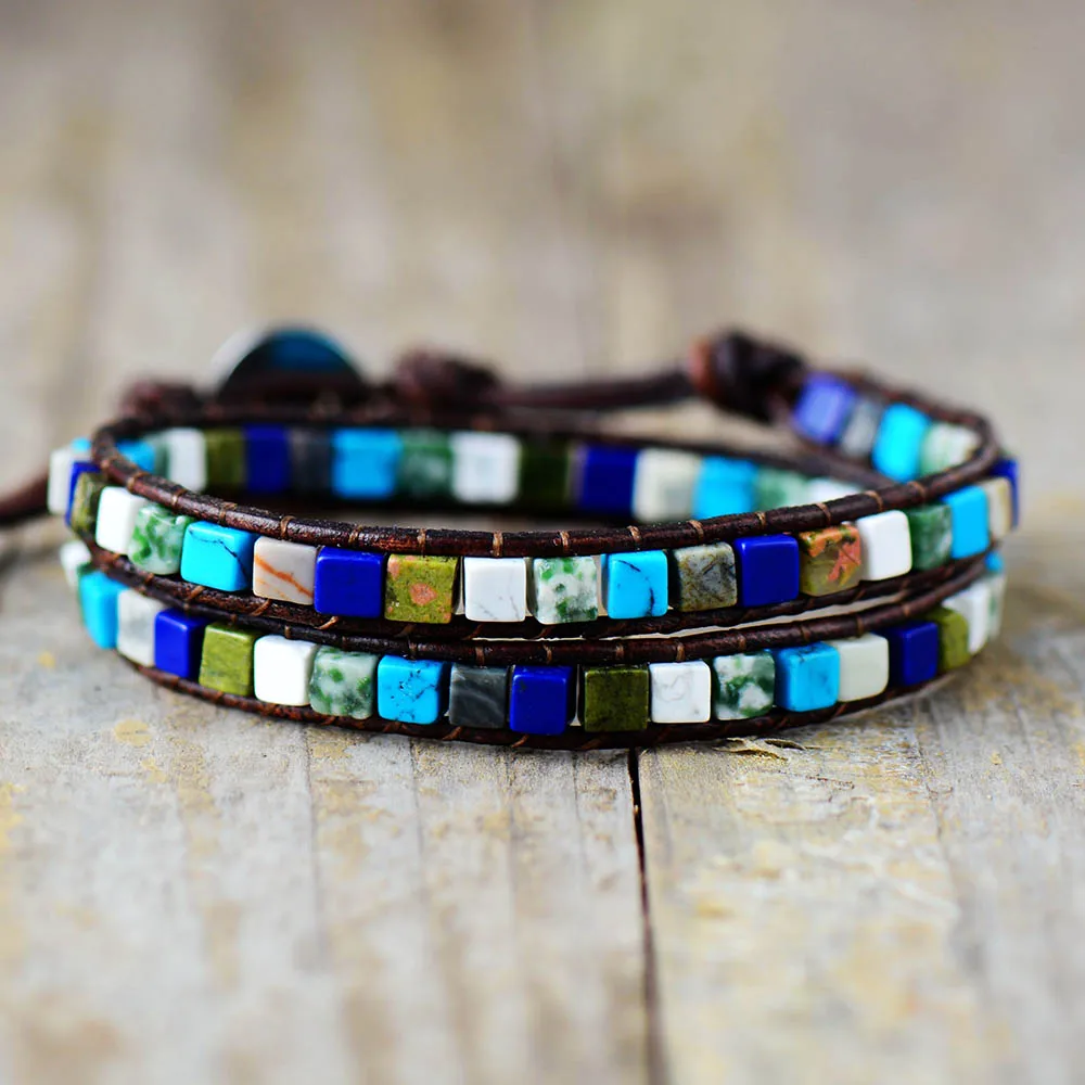Leather Bracelets Mix Square Natural Stones 2 Strands Leather Wrap Bracelets Vintage Weaving Boho Bracelet Dropshipping