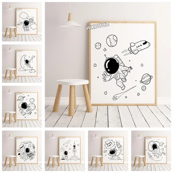 

Outer space astronaut nordic art series moon picture poster children room decoration painting quality Cartoon canvas painting