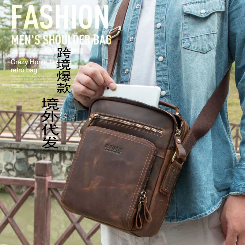 

Black Angel Factory Supply of Goods MEN'S Leather Single-shoulder Bag Crazy Horse Cowhide Shoulder Men's Bag Cross Border a Gene