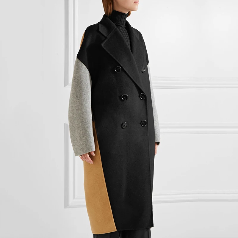 Осень-зима новая Корейская версия ретро двубортное длинное пальто до колена контрастного цвета двустороннее шерстяное пальто
